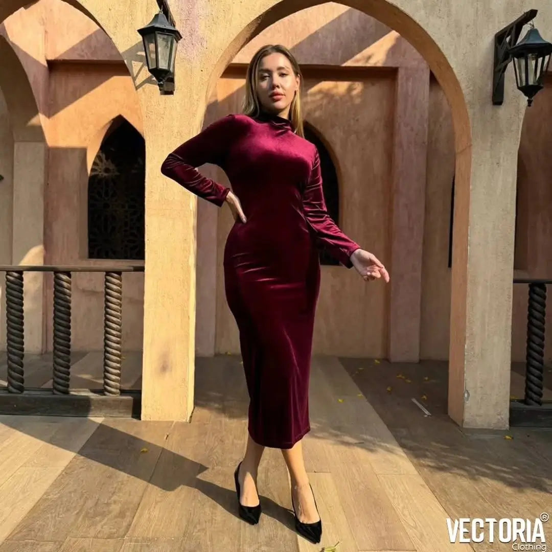 burgundy velvet slim dress